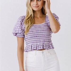 English Factory Purple Gingham Smocked Top - M